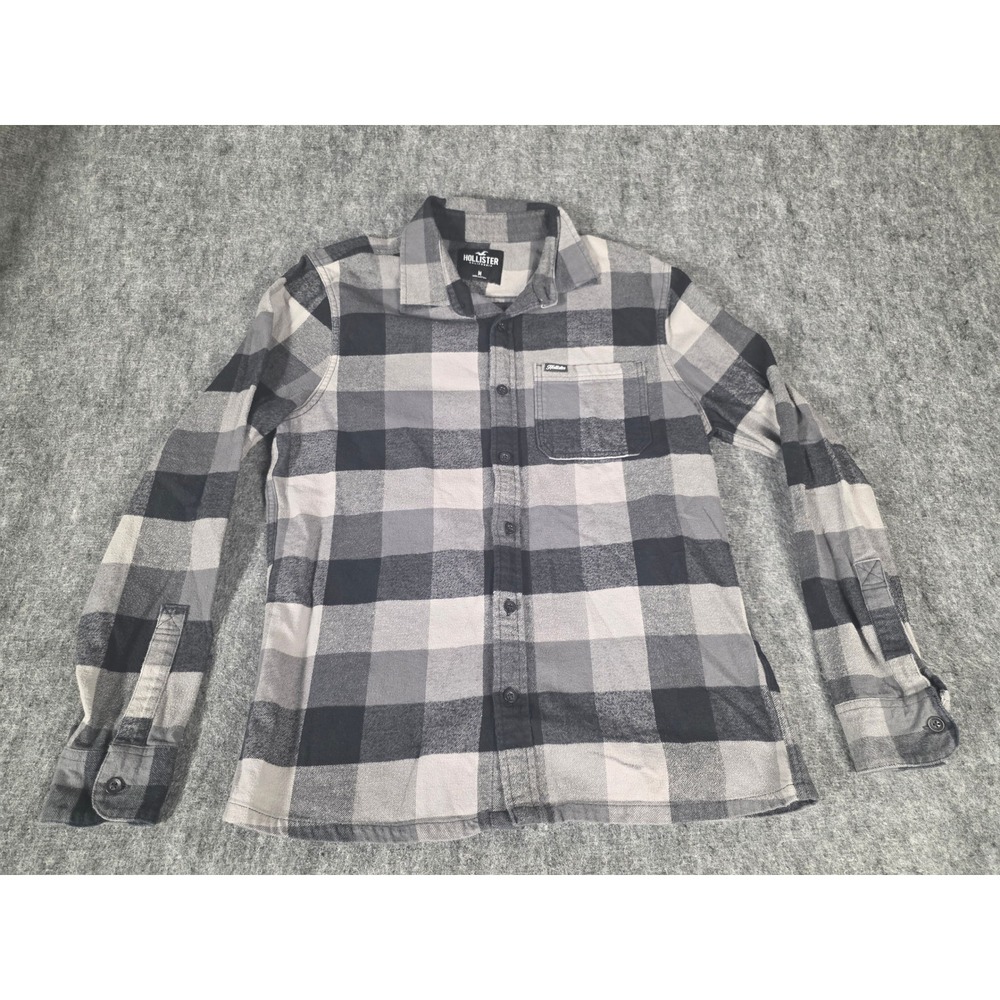 Mens Medium Flannel Shirt Buffalo Plaid Grey Black Hollister Button Down